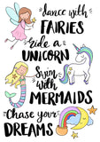 Mermaid, Unicorn and Fairy Nursery Bedroom Illustration