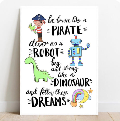 Dinosaur, Pirate and Robot Nursery Bedroom Illustration